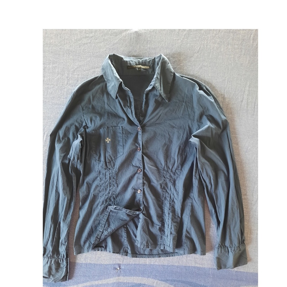 La Fee Maraboutee Women Navy Pintuck Button Down Shirt Size 6 or 44 Made Italy
